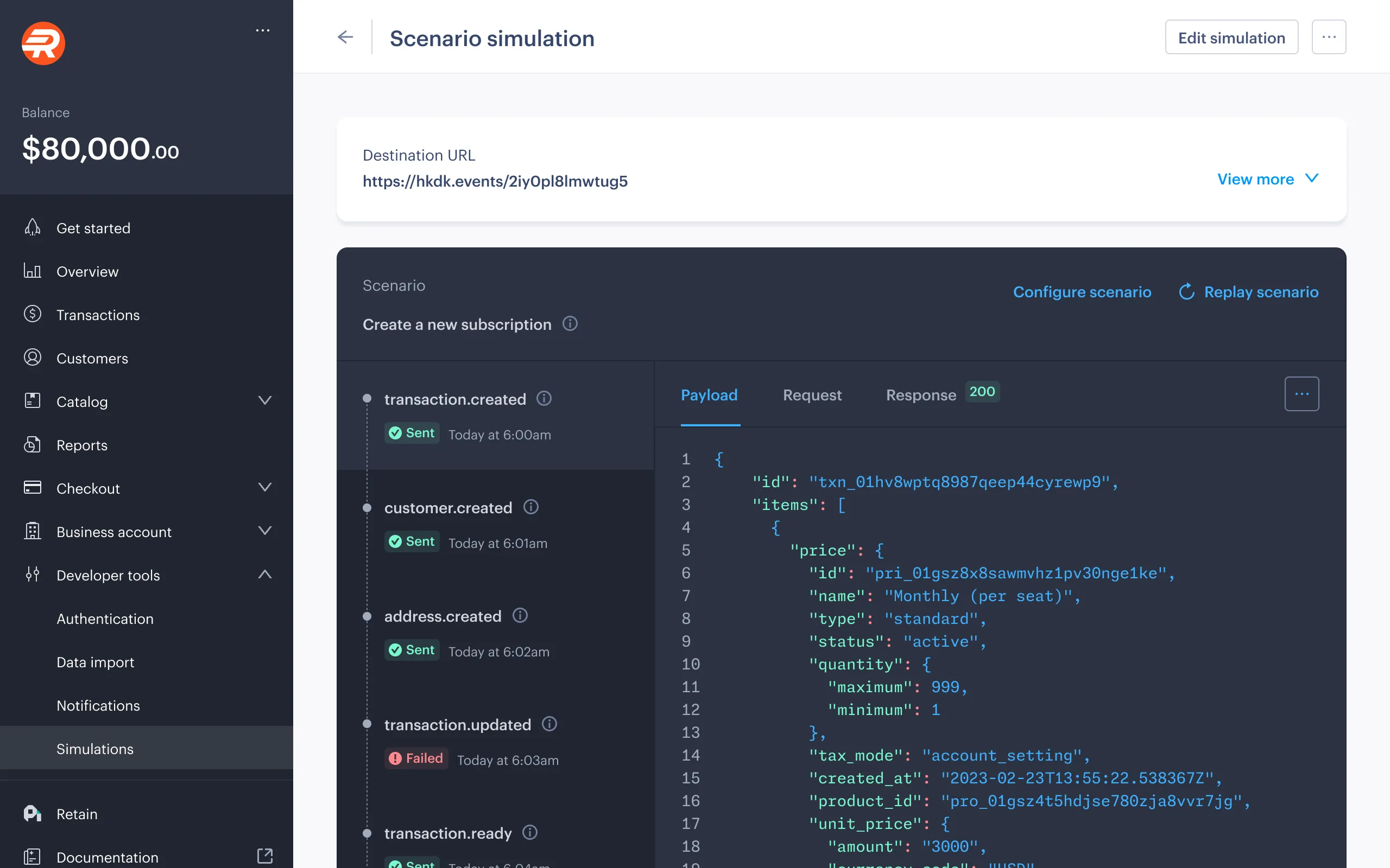 Paddle Billing webhook simulator showing a subscription creation scenario with 5 webhook events, including transaction.created, customer.created, and address.created.