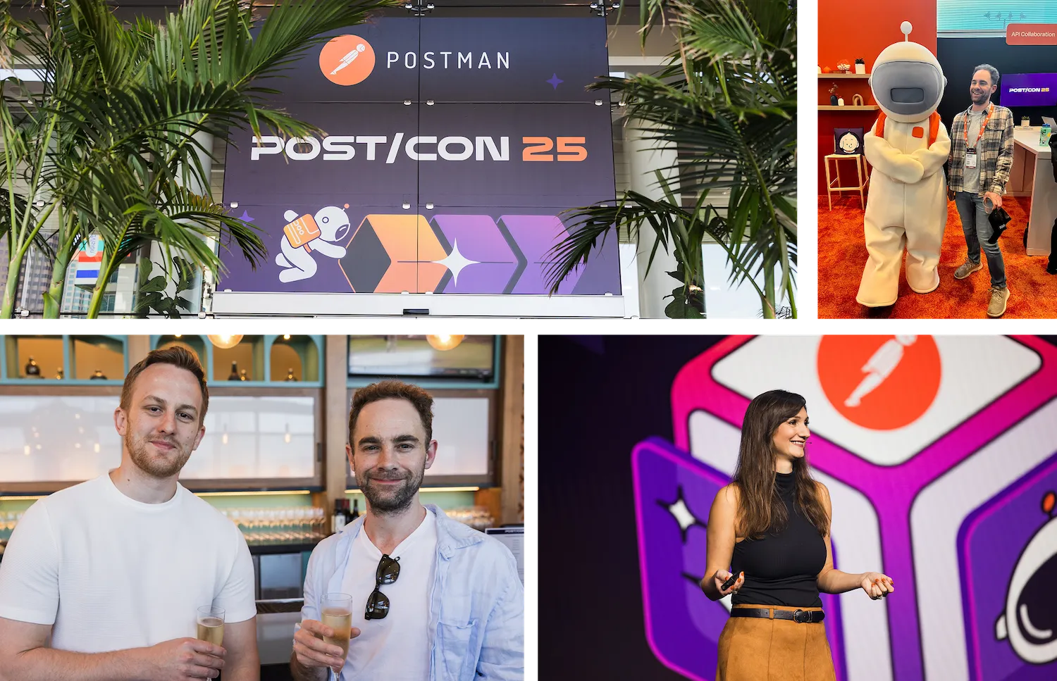 Grid of four images. Image 1 is the POST/CON banner above the convention center door. Image 2 is Michael from Paddle laughing with the Postmanaut. Image 3 is Michael and Kieran from Paddle at the VIP reception. Image 4 is Justine from Postman on the keynote stage.