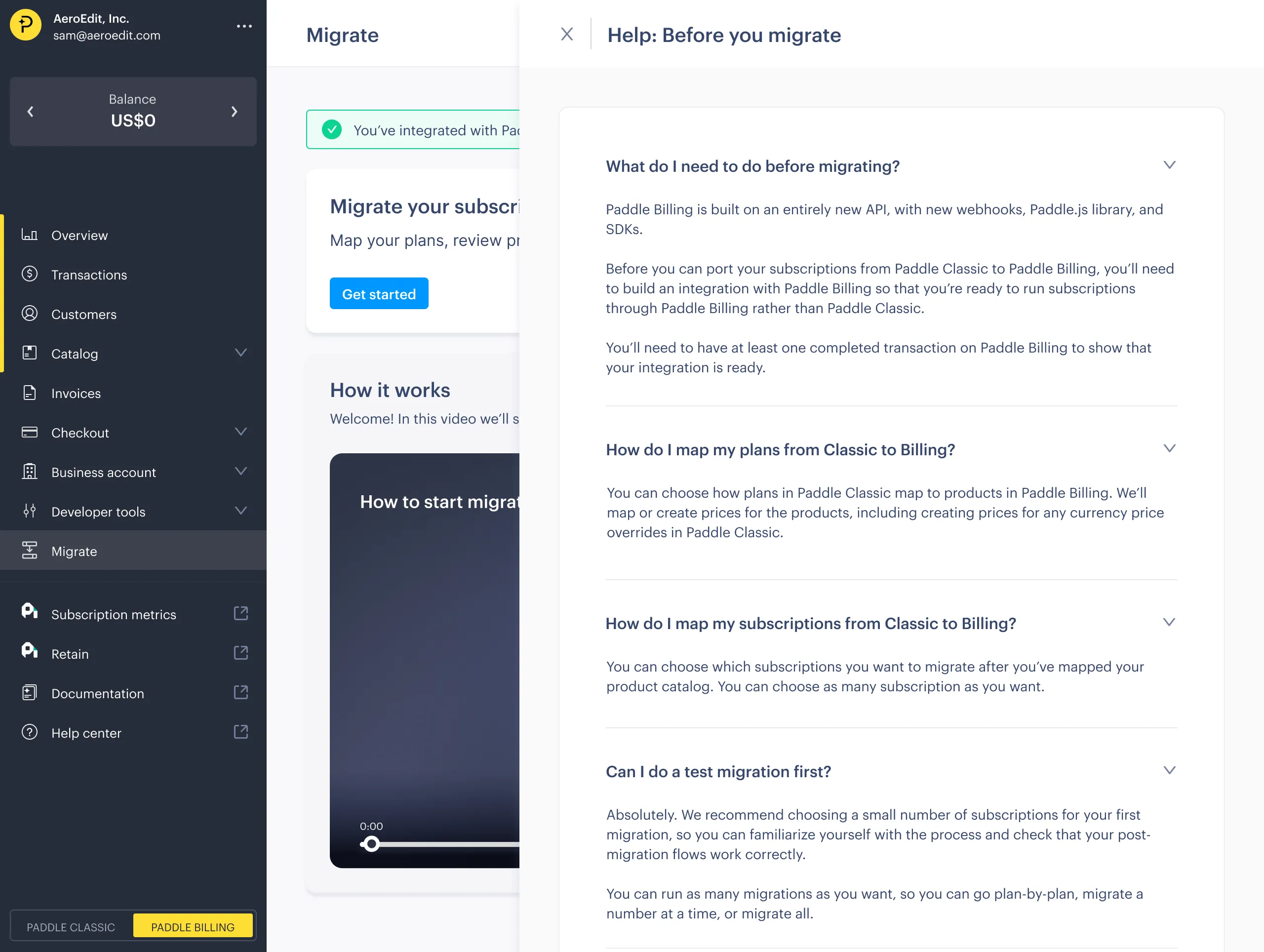 Screenshot of the first page of a migration, showing the FAQ drawer open.