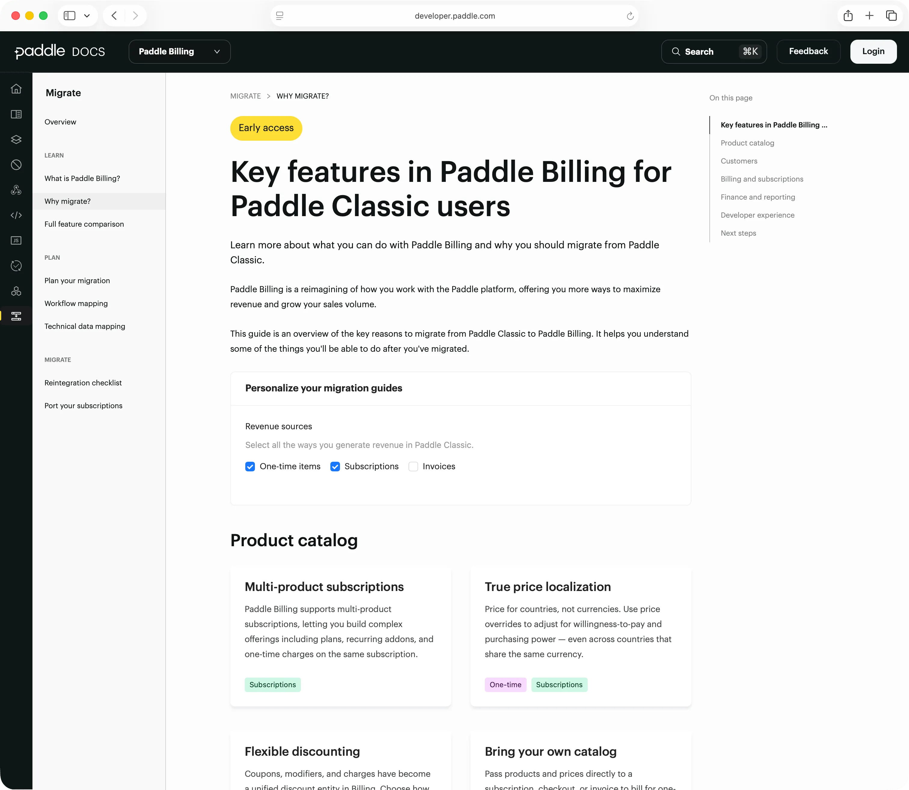 Screenshot of the developer docs, show the key features in Paddle Billing guide. There's a card component with checkboxes for one-time, subscriptions, and invoicing.