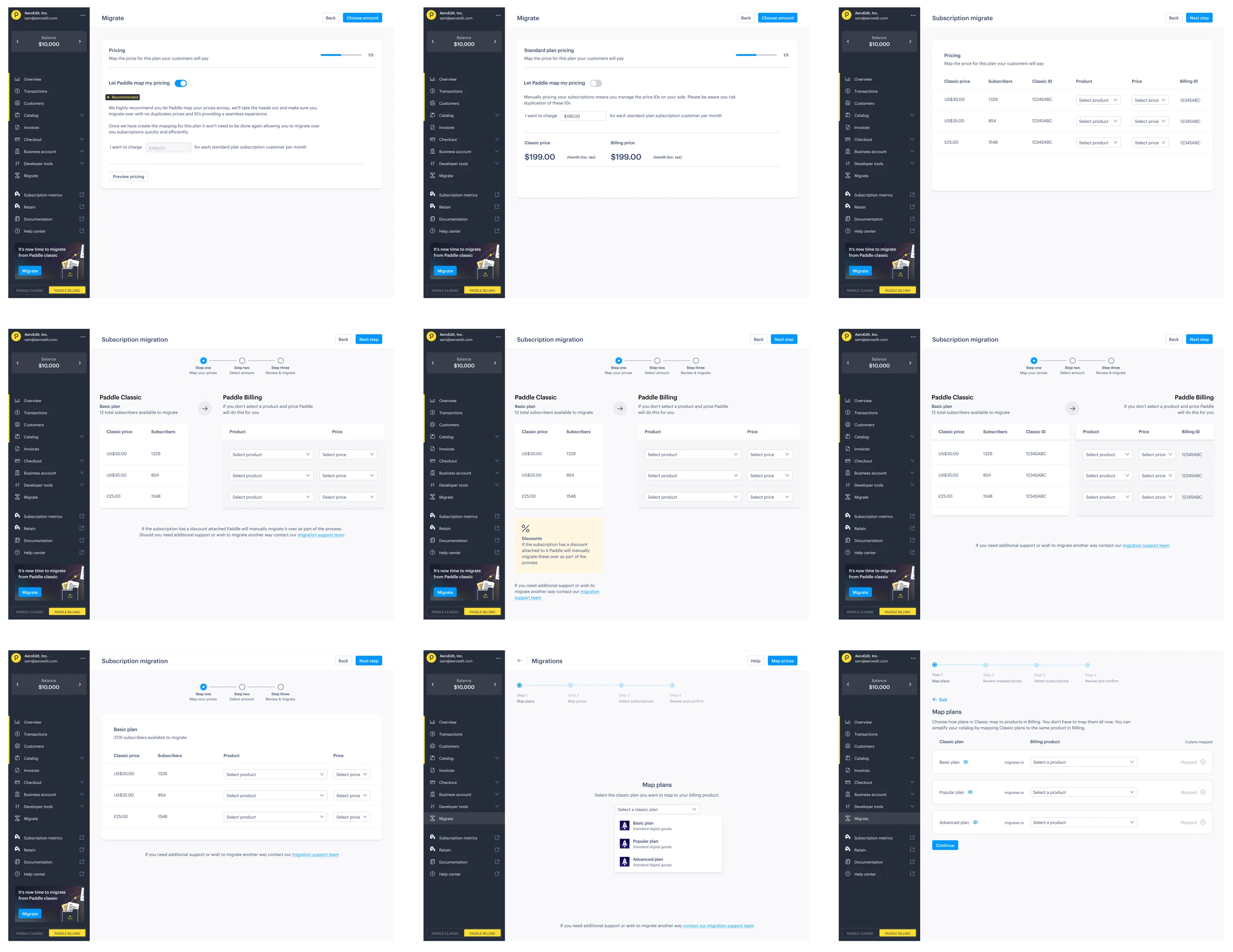 Three rows of three screenshots of prototypes for mapping prices. They all cover mapping plans in Classic to Billing, but take different approaches to it. The first row presents workflows that automatically map plans. The second row is a split column view, where Classic plans are on one side and Billing prices are on the other. The final row is most similar to the current workflow, with a row for each Classic plan and an option to choose which Billing price to use.
