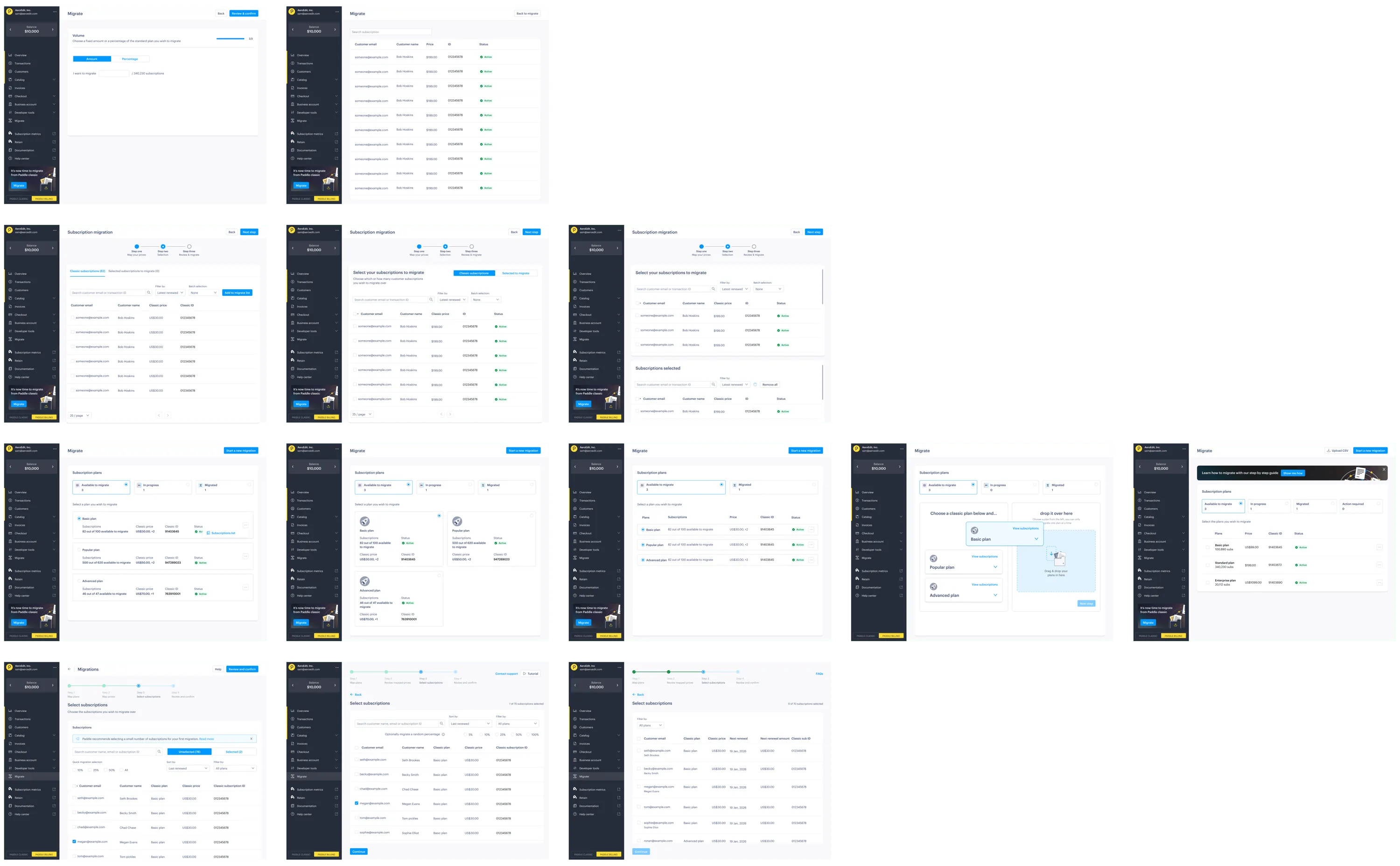Four rows of prototypes for mapping subscriptions. The first row presents workflows that let you choose an amount or percentage of subscriptions to migrate. The second row presents screens with two lists - a list of subscriptions that you've selected and a list of subscriptions that you haven't. The third row are very visual prototypes - including displaying subscriptions as cards and in a drag and drop workflow. The fourth row presents workflows that let you choose a specific subscription to migrate. Until the final version, we still had options to let you choose a percentage of subscriptions to migrate.