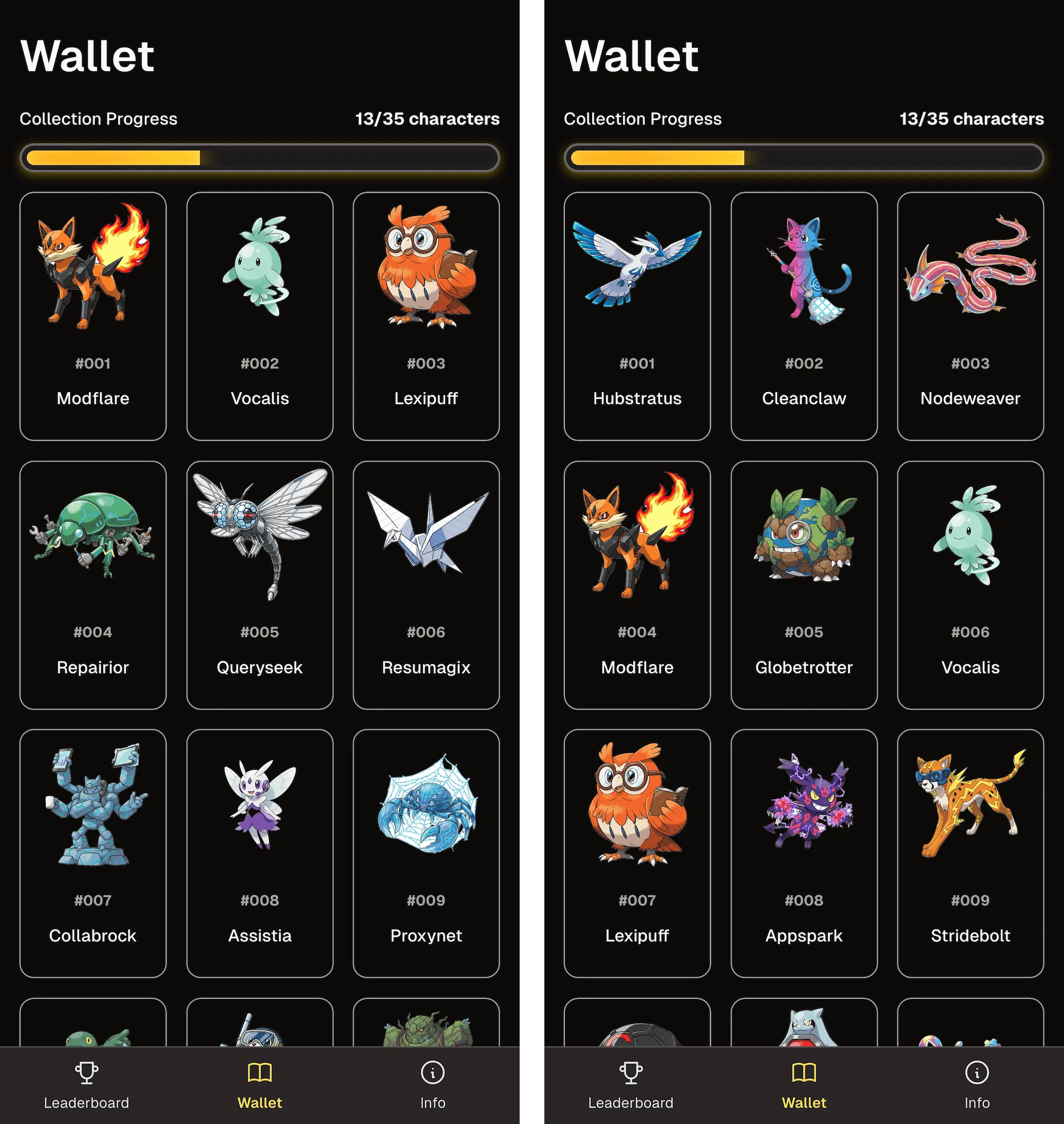 Screenshots of the wallet page showing the collected and missing characters.
