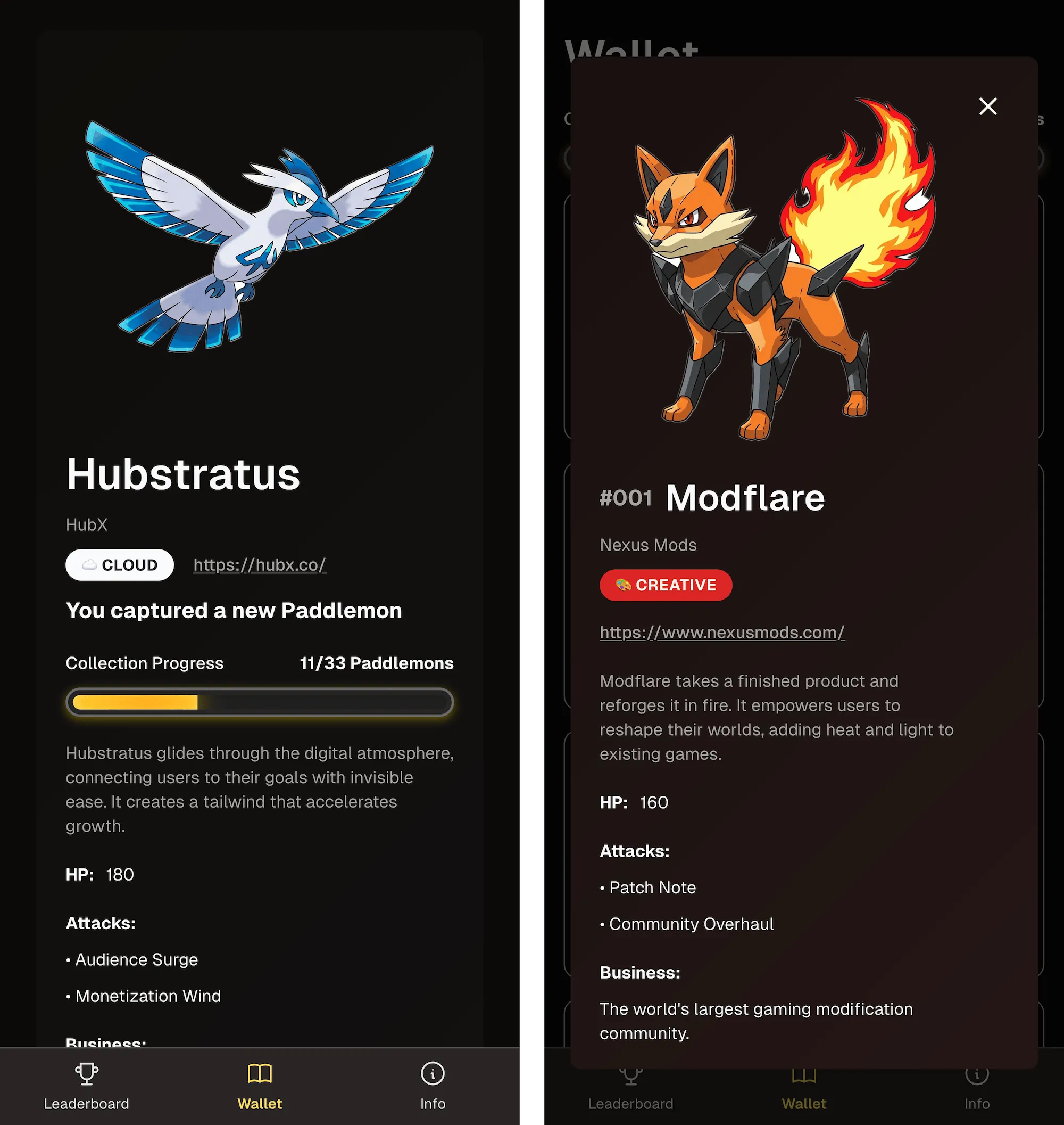 Screenshots of the web app showing Hubstratus and Modflare characters