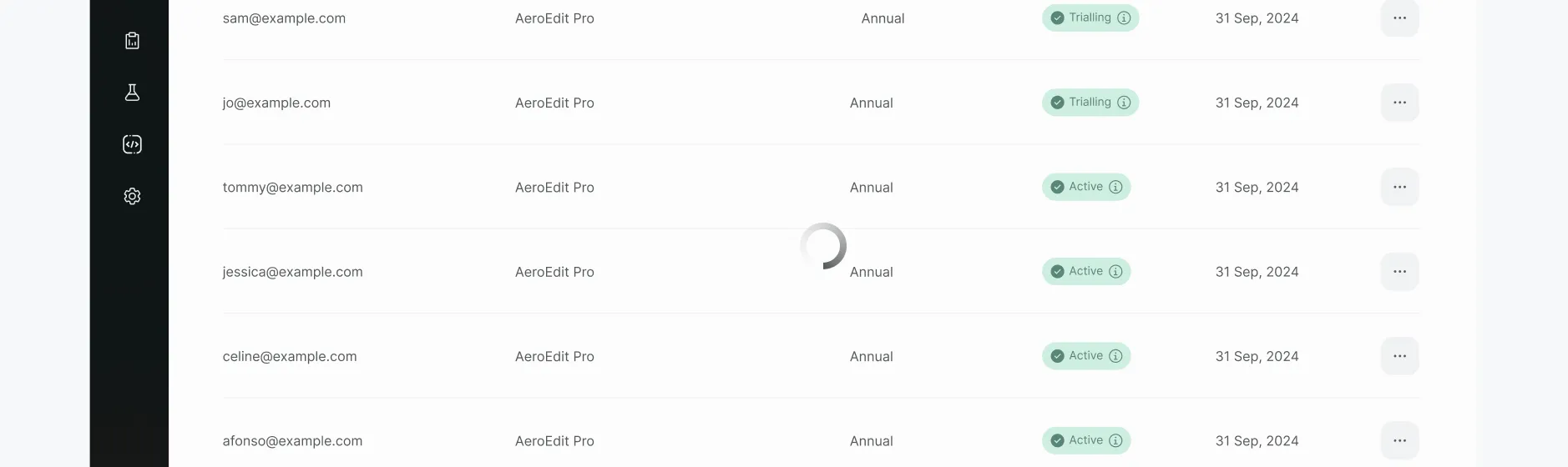 A subscriptions data table with rows showing customer emails, products, billing periods, and status badges, overlaid by a circular spinner loading indicator centered in the visible table area.