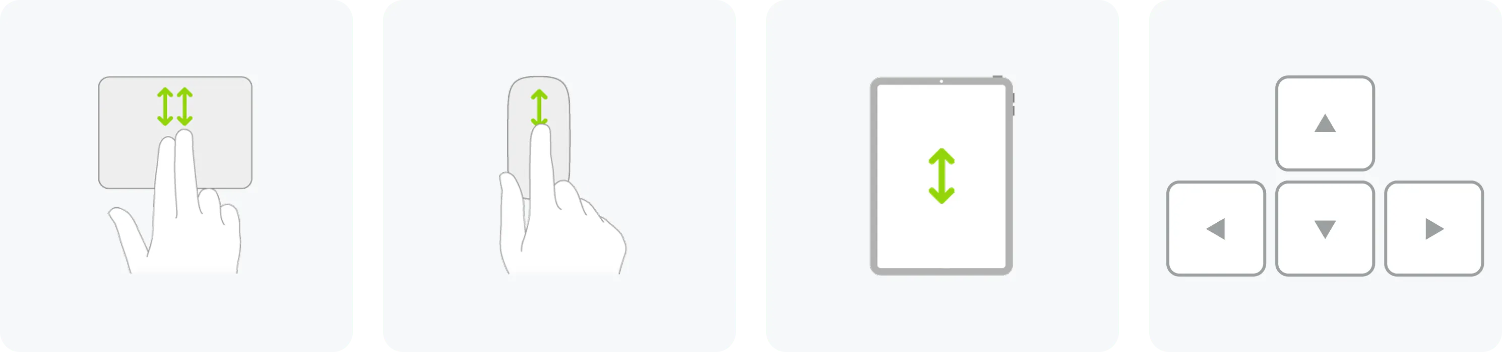 Four illustrations showing the supported navigation input types, from left to right: a Mac trackpad with a two-finger swipe gesture, a mouse with a scroll wheel, a tablet showing a vertical flick gesture, and a set of keyboard arrow keys.