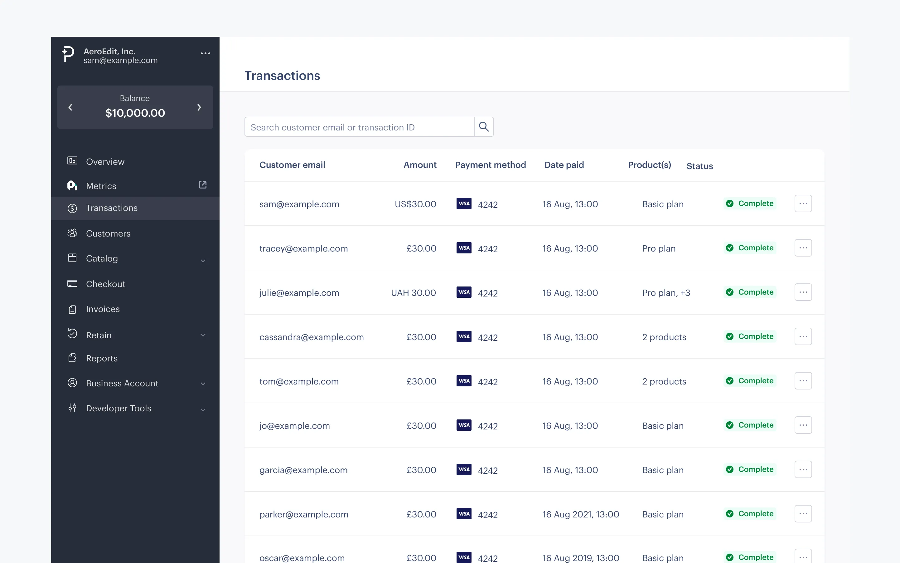 The Paddle dashboard's Transactions page in the previous design system, featuring a dark sidebar with full navigation and a table listing transactions with columns for customer email, amount, payment method, date paid, product, and status.