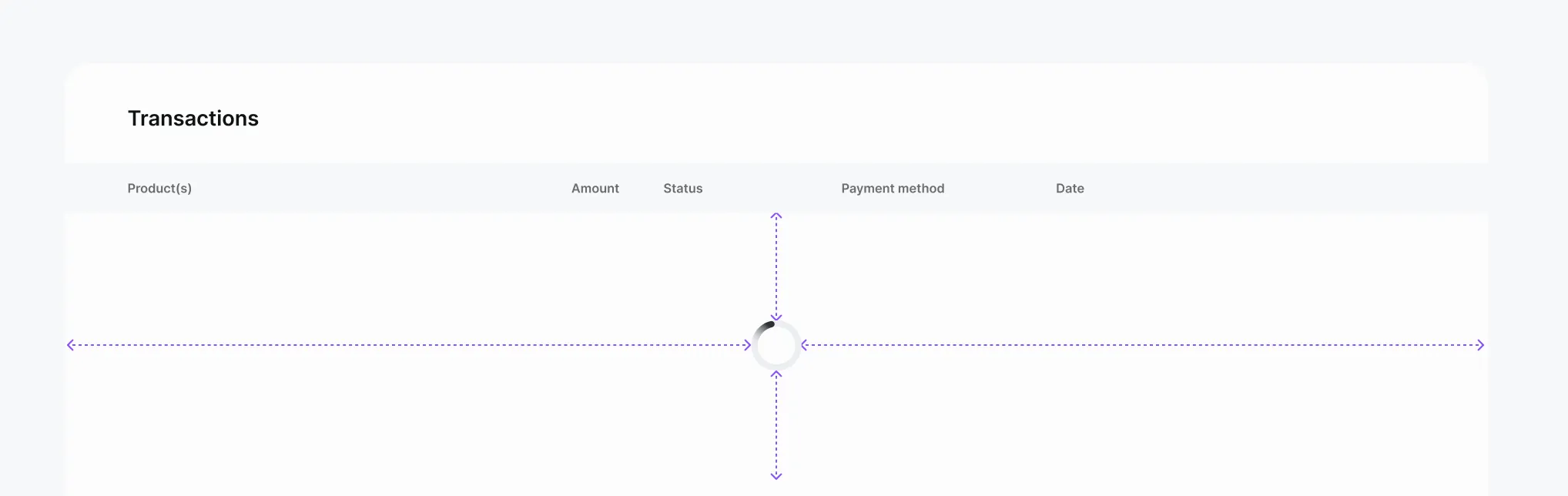 A mostly empty Transactions table with a spinner centered in the currently visible area, with dashed arrows pointing outward in four directions to illustrate that the spinner is anchored to the visible viewport rather than the full table height and width.